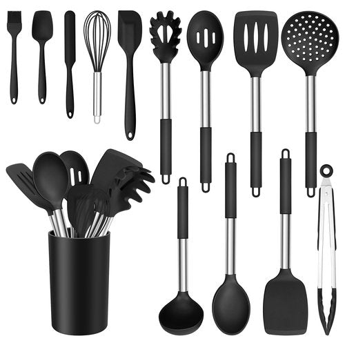 E-far 14 Pieces Silicone Cooking Utensils Set, Kitchen Utensils Set with Holder, Spatula, Ladle, Spoon, Tong, Slotted Turner for Nonstick Cookware, Heat Resistant & Stainless Steel Handle, Black