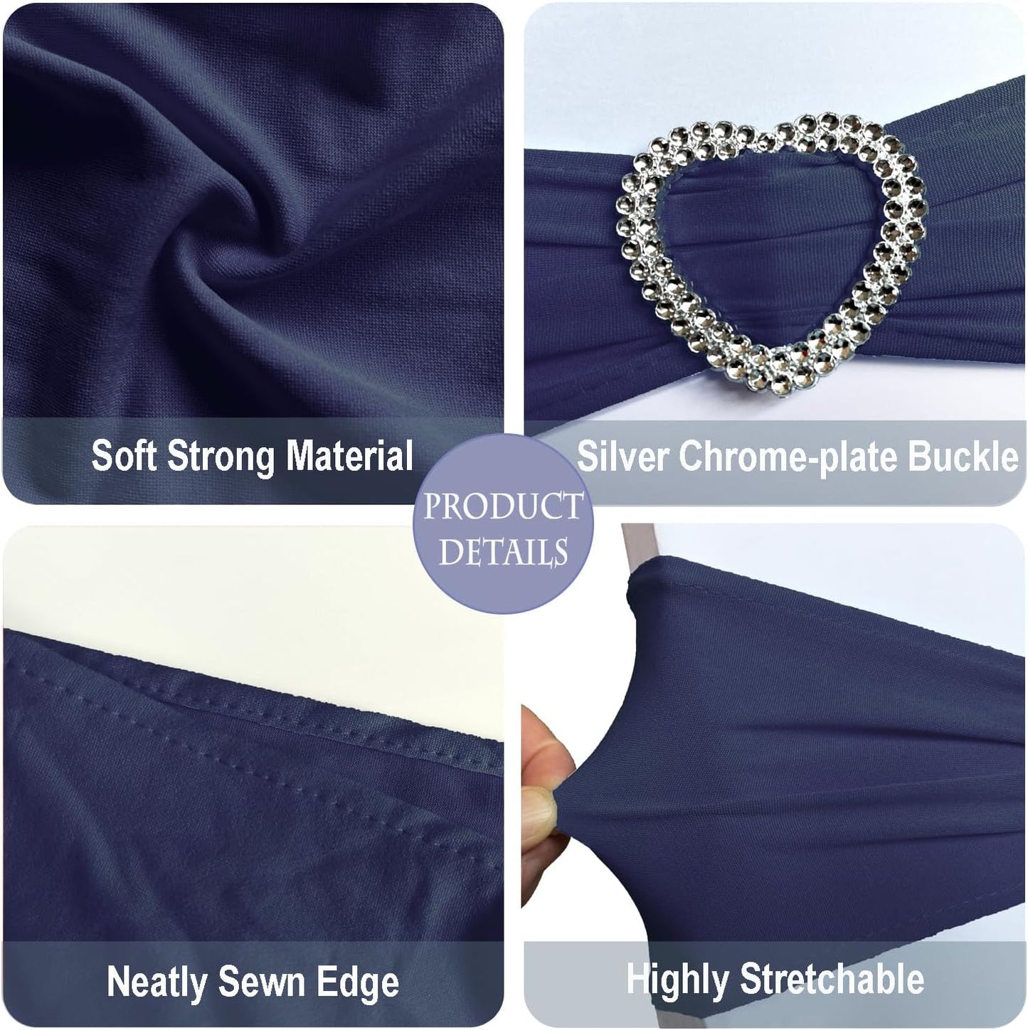 Skiennix Navy Blue Chair Sashes - 30 Pack Elastic Chair Bands with Heart Buckle for Weddings & Parties
