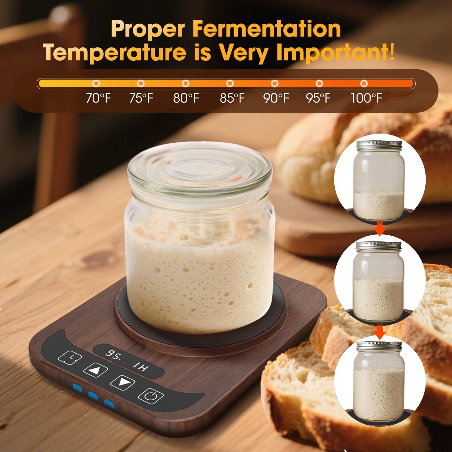 Sourdough Starter Warmer with Temperature Display,Sourdough Warming Mats 100℉ Electric Heating 12 Hours Timing Function Sourdough Heating Mat Bread for Baking Supplies Kitchen Bakers (Wood)