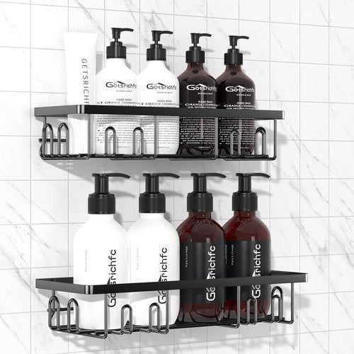 Getsrichfc Shower Caddy - Rustproof Adhesive Shelves with Removable Hooks | Large Capacity Black Bathroom Organizer