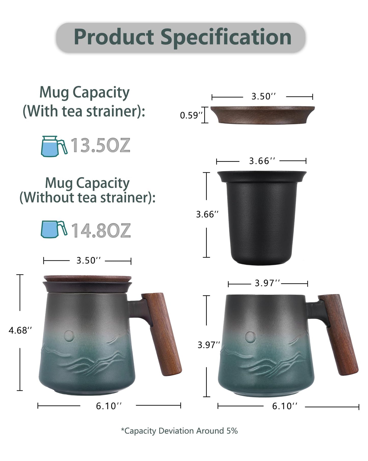 ZENS Embossed Ceramic Tea Mug with Infuser and Lid, 14.5 oz Wooden Handle, Loose Leaf Tea Steeper Cup & Strainer for Tea Lovers Gifts