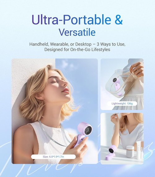 Diveblues Mini Portable Turbo Fan - 12H Max Cooling, 4000mAh Battery, 3-in-1 Handheld/Neck/Desktop Fan