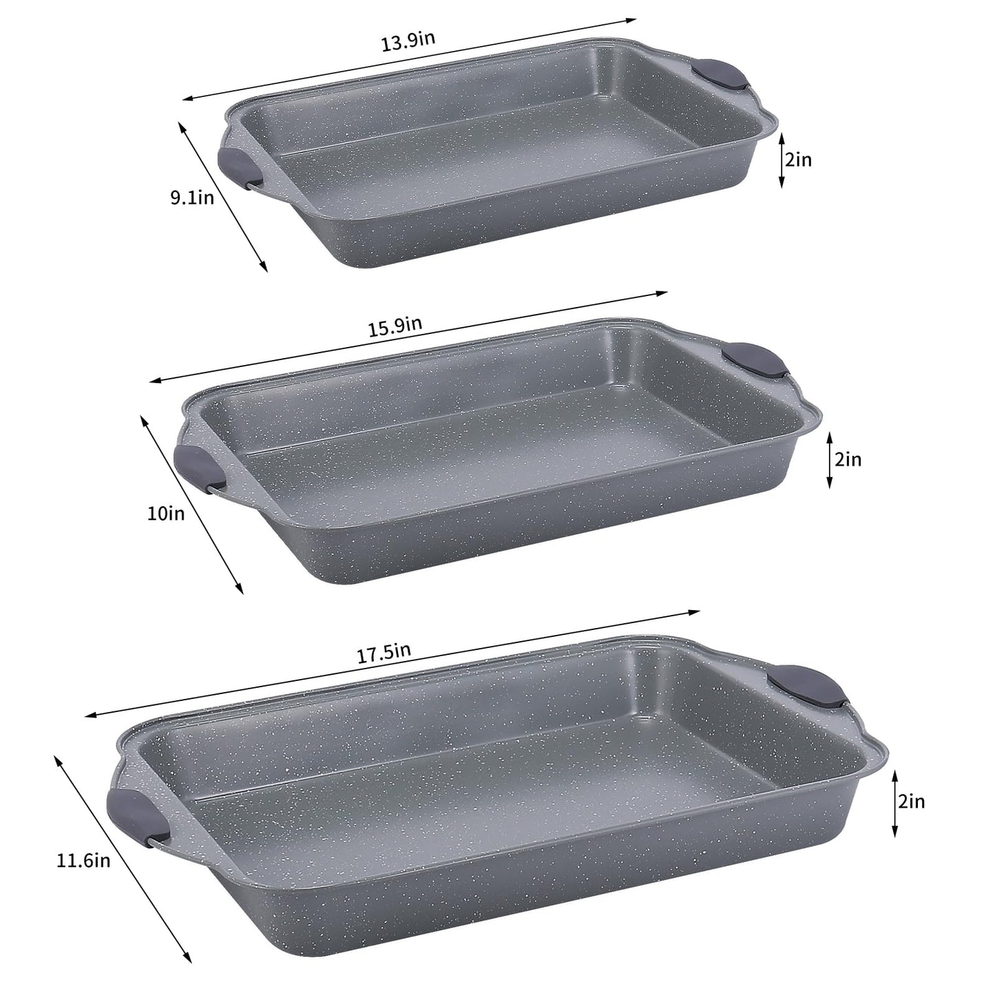 Anveena 3-Piece Nonstick Kitchen Oven Baking Pans - Premium & Stylish Non-Stick Steel, Commercial Grade Restaurant Quality Metal Bakeware with Red Silicone Handles - Easy to Clean gray