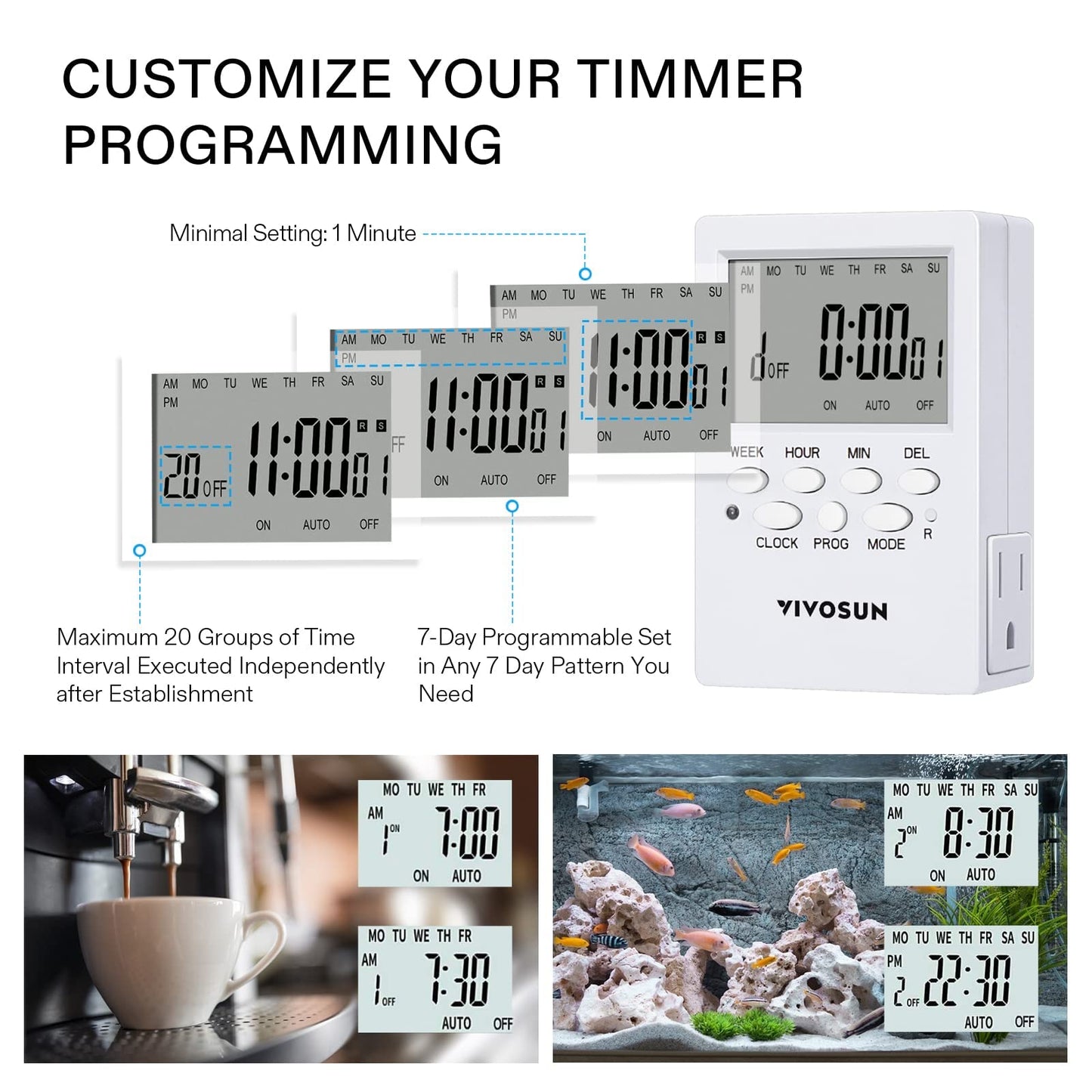 VIVOSUN Digital Timer Outlet 7 Day Programmable Digital Outlet Timer with 2 Independent Outlets 3 Prong, 20 on/Off Programs Groups, Countdown Setting, Indoor for Light Lamp, Fan（1Pack）