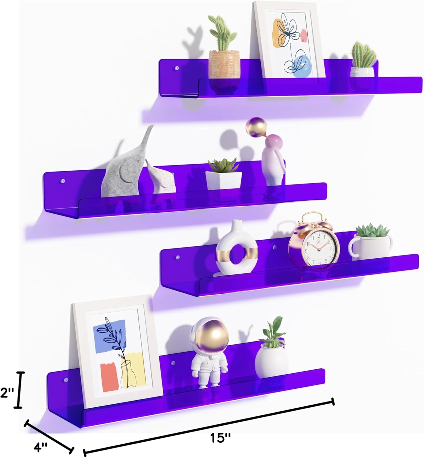 Upsimples Acrylic Wall Shelves - 15" Floating Display Shelf Set for Perfume & Books | Clear Purple, 4 Pack