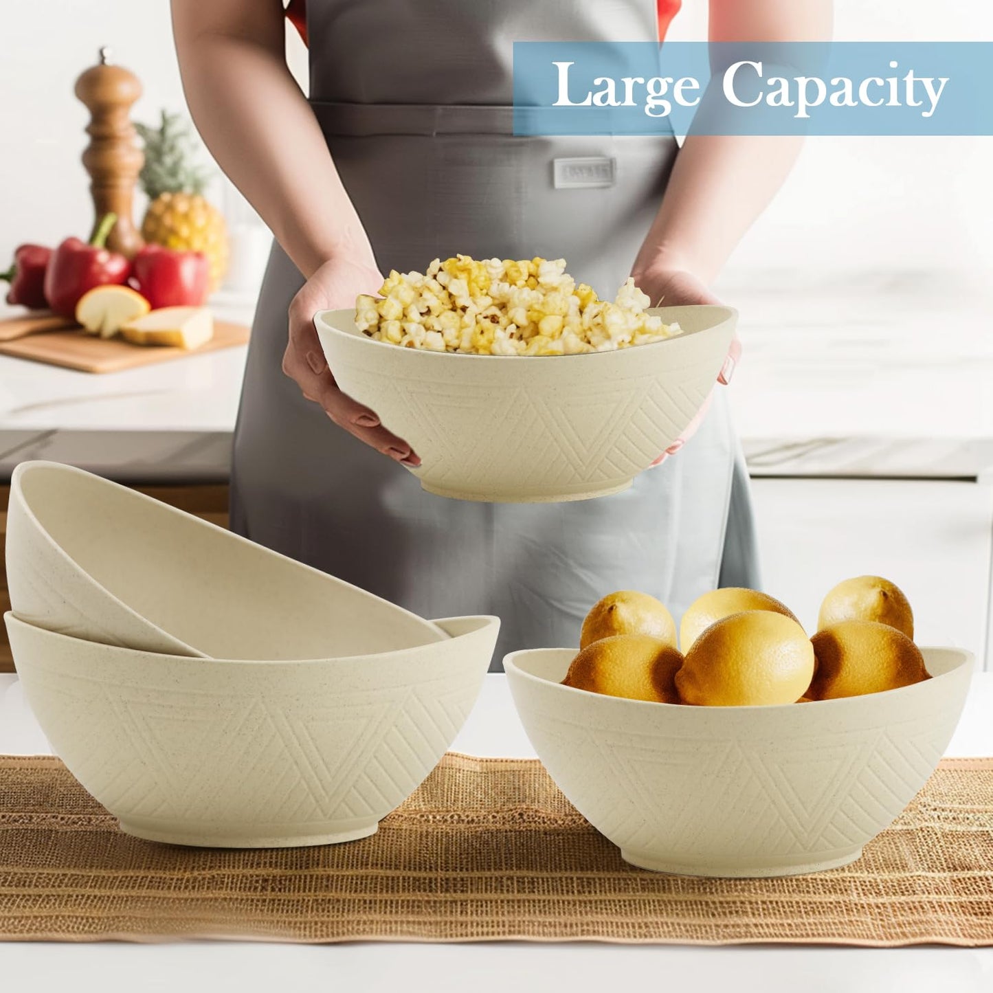 BUSOKIP Large Bowls 65 OZ, Wheat Straw Bowls Set of 4, Unbreakable Salad Bowl, Microwave & Dishwasher Safe Big Bowl, Kitchen Serving Bowl for Salad, Cereal, Soup and Oatmeal (Beige)