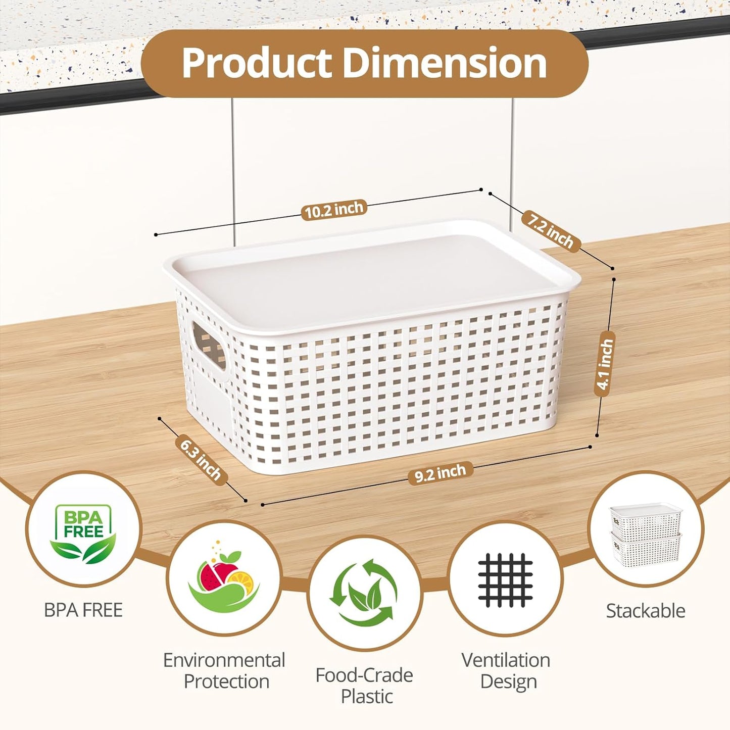 Skiennix Plastic Storage Basket - Stackable Organizing Bins with Lid | 8 Pack, 10.2x7.2x4.1 Inch, White