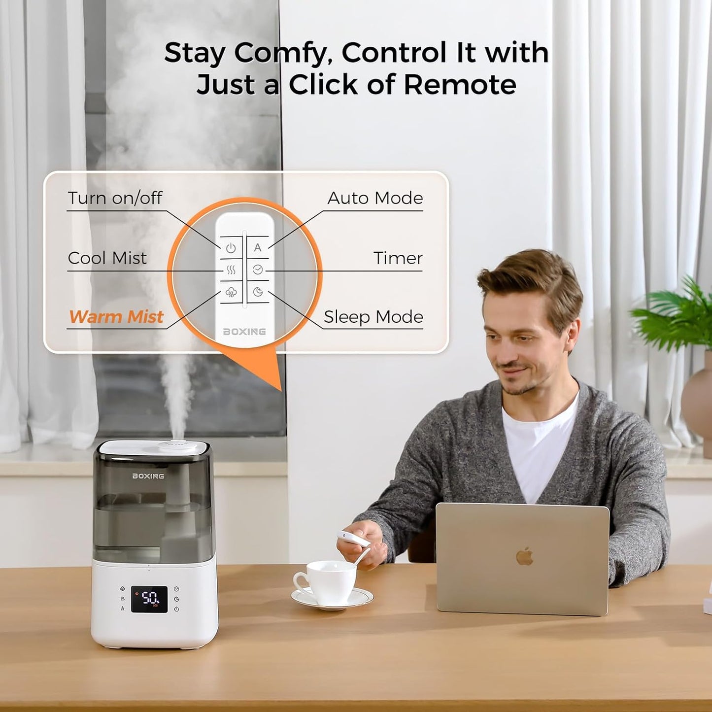 BOXING Ultrasonic Humidifier - 4.5L Warm & Cool Mist Essential Oil Diffuser with Remote | Quiet Sleep Mode, BPA-Free, 45H Runtime