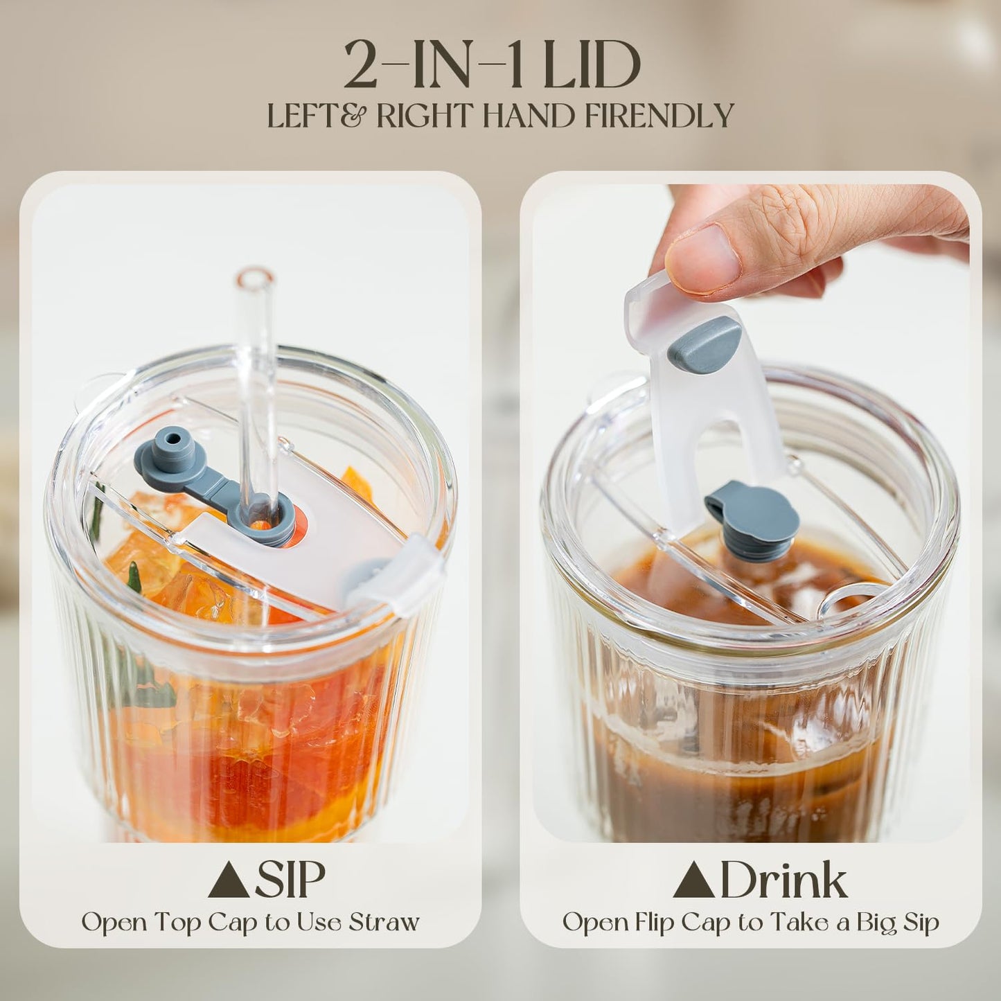 KEMORELA Iced Coffee Cups with Lids 20oz Ribbed Double Wall Glass Cups with Lids and Straws 2PCS, Coffee Bar Accessories， Insulated Borosilicate Glass Tumblers, To Go Coffee Cups, Spill proof tumbler