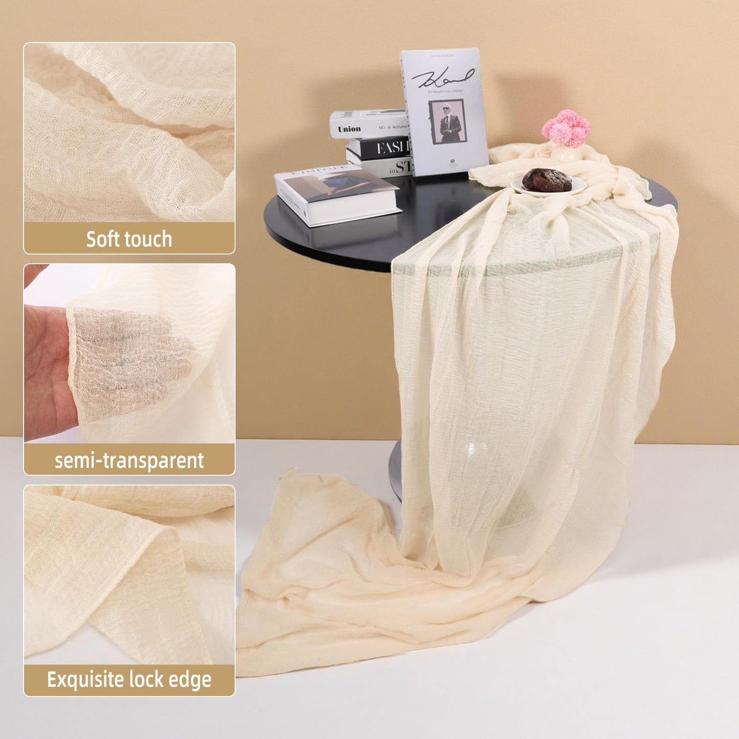 10ft Cheesecloth Table Runner, 1 Pack 120-Inch Boho Bubble Gauze Table Runner, Ivory Rustic Sheer Fabric for Wedding, Bridal Baby Shower, Spring Party Table Decor