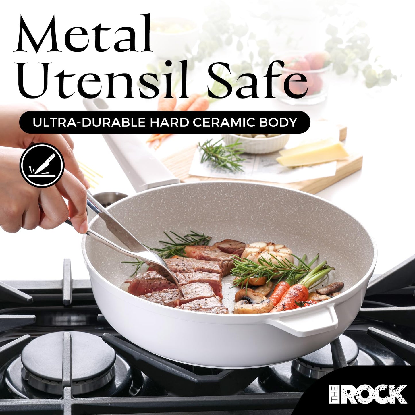 THE ROCK SOHO 4 Qt Nonstick Deep Frying Pan Skillet with Glass Lid, 11 Inch Large Deep Frying Pan, Ceramic Non Toxic Skillet with Heat-Resistant Handle, PFOA & PFAS Free, Oven & Dishwasher Safe, Cream