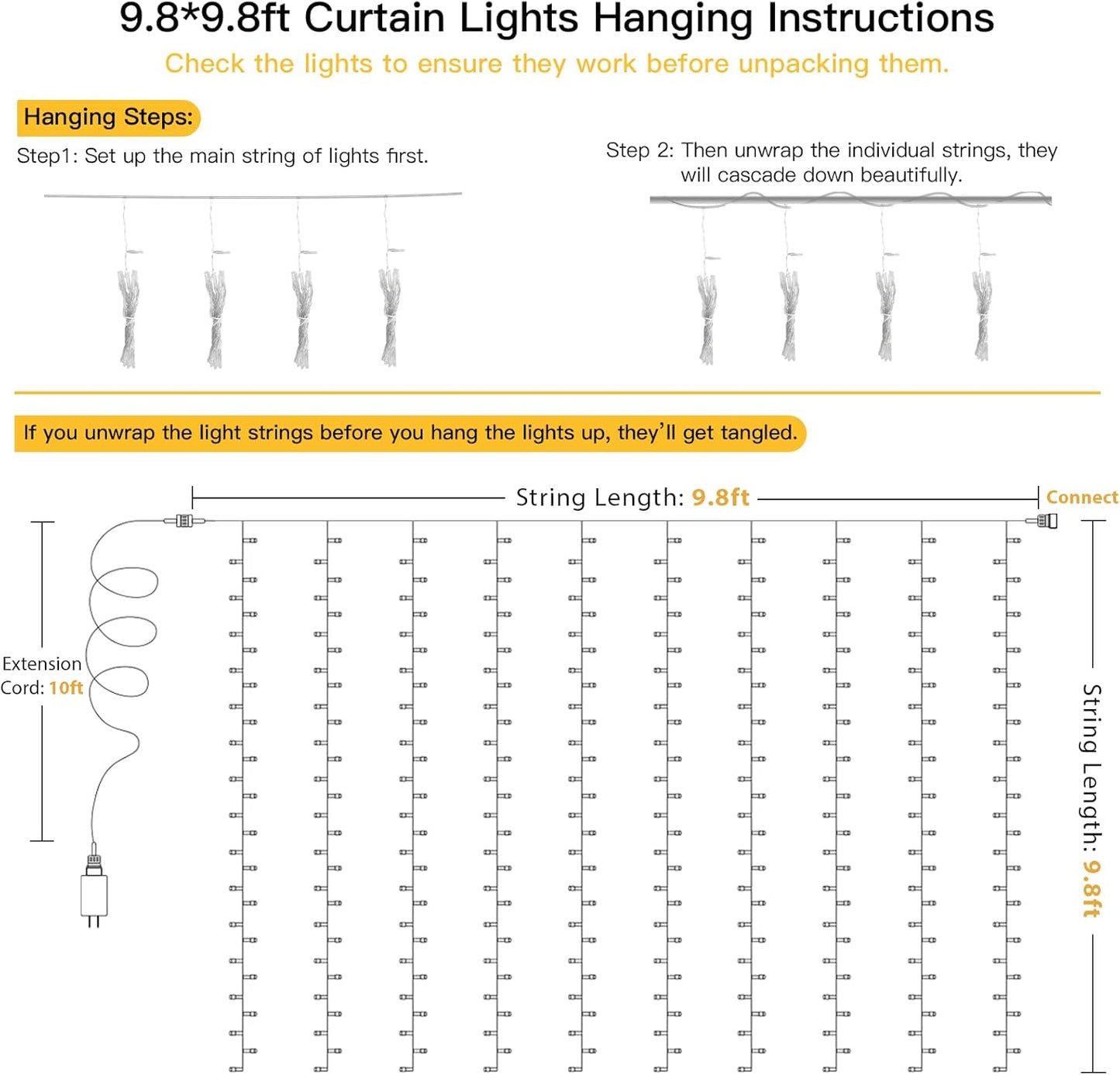 Suddus Curtain Lights - 300 LED Warm White String Lights | 9.8x9.8ft for Bedroom & Party Decor