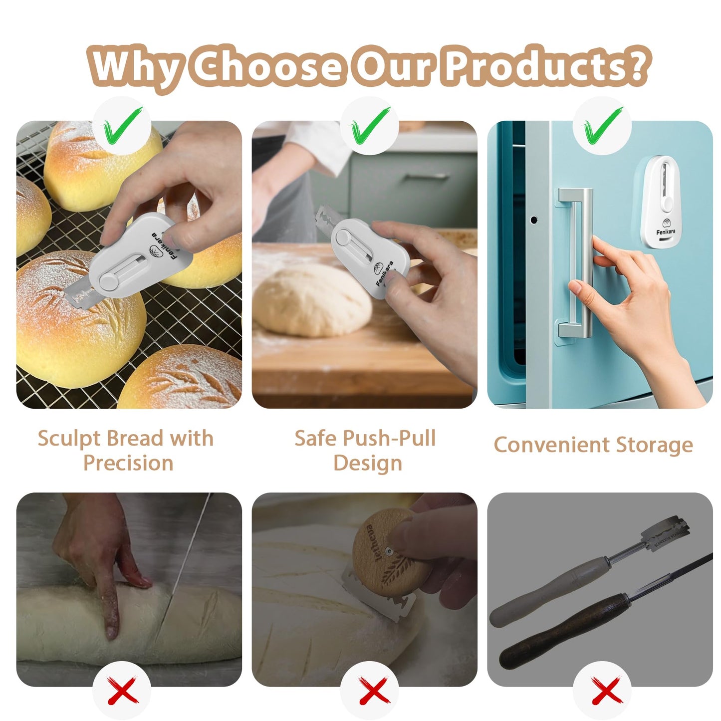 Fenikara Premium Magnetic Bread Lame & Versatile Bread Scoring Tool - Professional Sourdough Scoring Tool and Lame Bread Tool with 10 Razor Blades & Scoring Patterns Booklet (light gray)