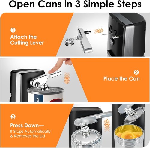 Davivy Electric Can Opener - One Touch Lid Opener with Removable Stainless Steel Cutter | 3-in-1 Design (Black)