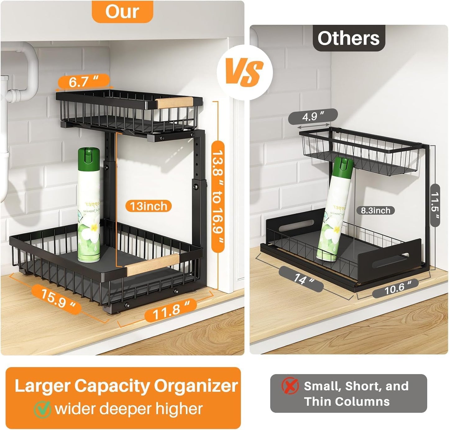 PXRACK Under Sink Organizer - Adjustable 2-Tier Pull-Out Storage for Kitchen & Bathroom | Large Black 2-Pack