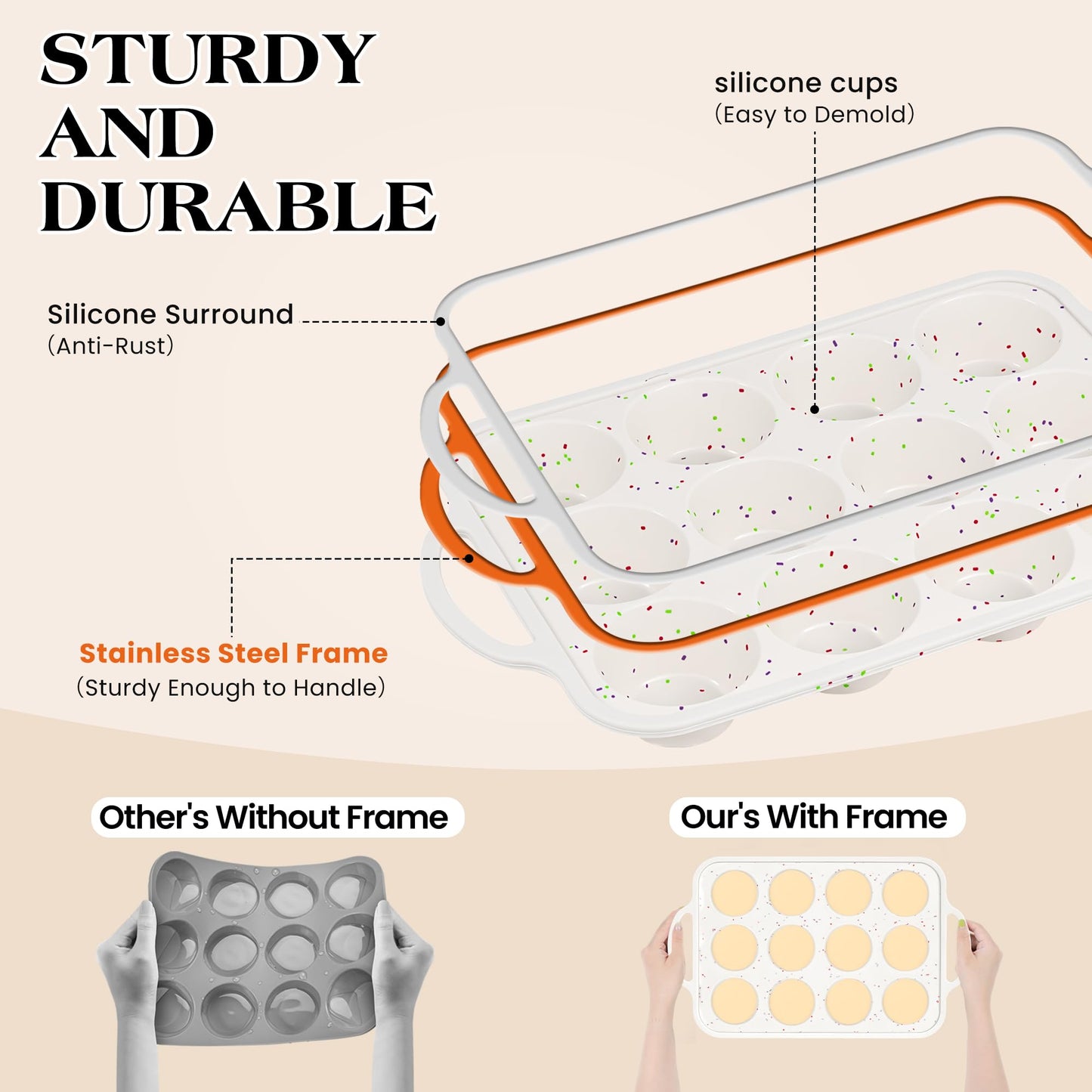 AOTASO Regular 12 Cup and Mini 24 Cup Nonstick Cupcake Pan Set Silicone Muffin Pan for Baking Silicone Cupcake Mold with Metal Reinforced Frame BPA Free (2 Pcs, Cream)