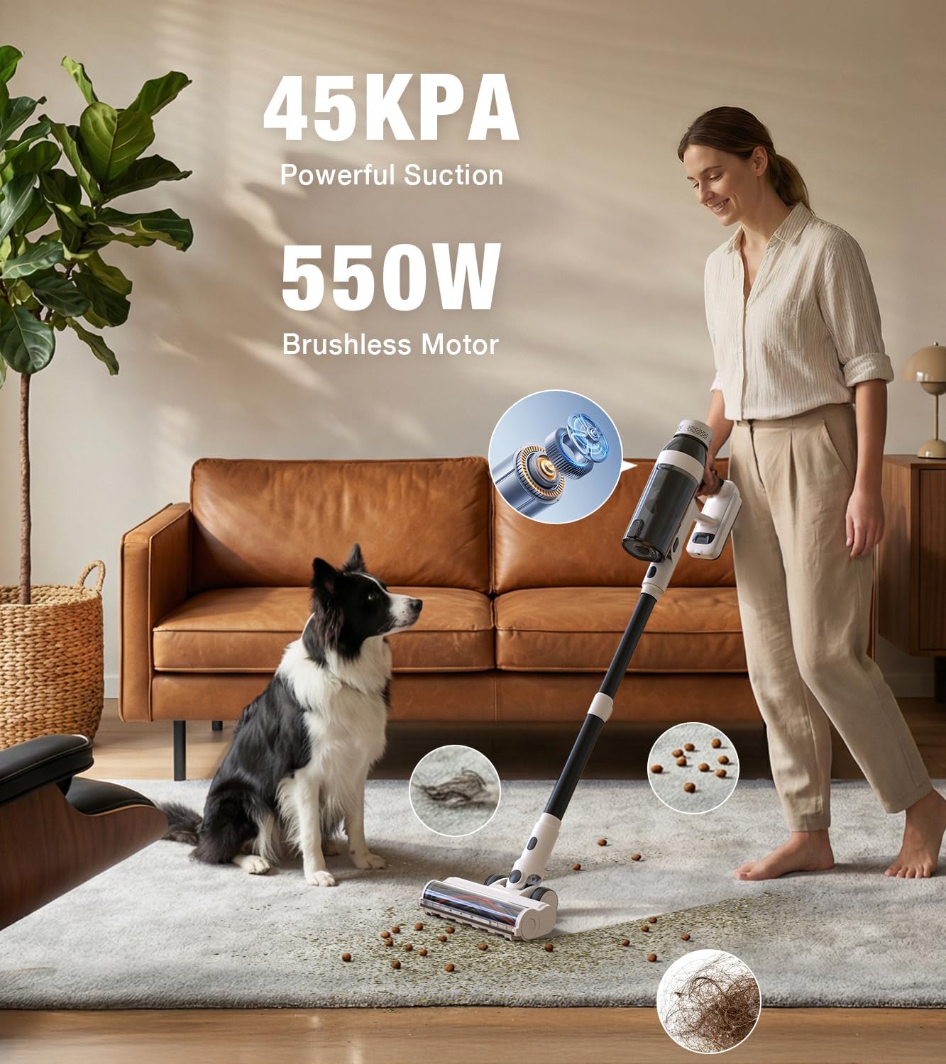 Skiennix Cordless Vacuum Cleaner - 15-in-1 Self-Standing Design with LED Light & Anti-Tangle | 55 Mins Runtime for Hard Floors & Carpets