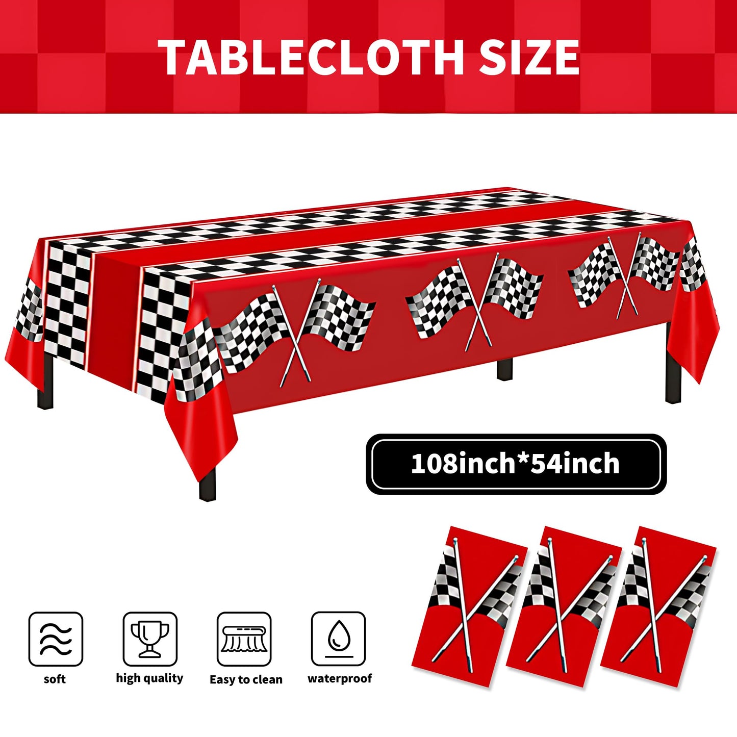 3 Pack Checkered Race Car Tablecloths - Race Car Birthday Party Decorations Kids' Party Tablecovers 54"x108" Rectangular Disposable for Boys Birthday Baby Shower