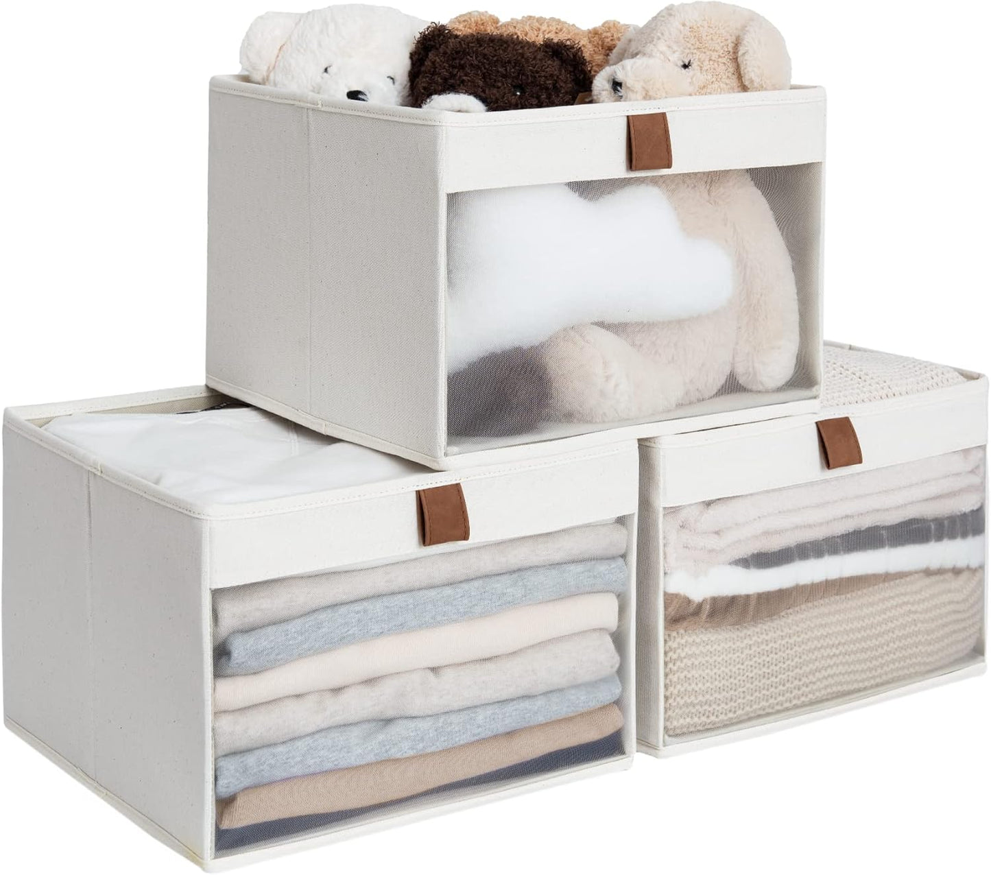 StorageWorks Large Storage Bins - Foldable Fabric Organizers with Clear Windows & Handles | Beige, 3 Pack