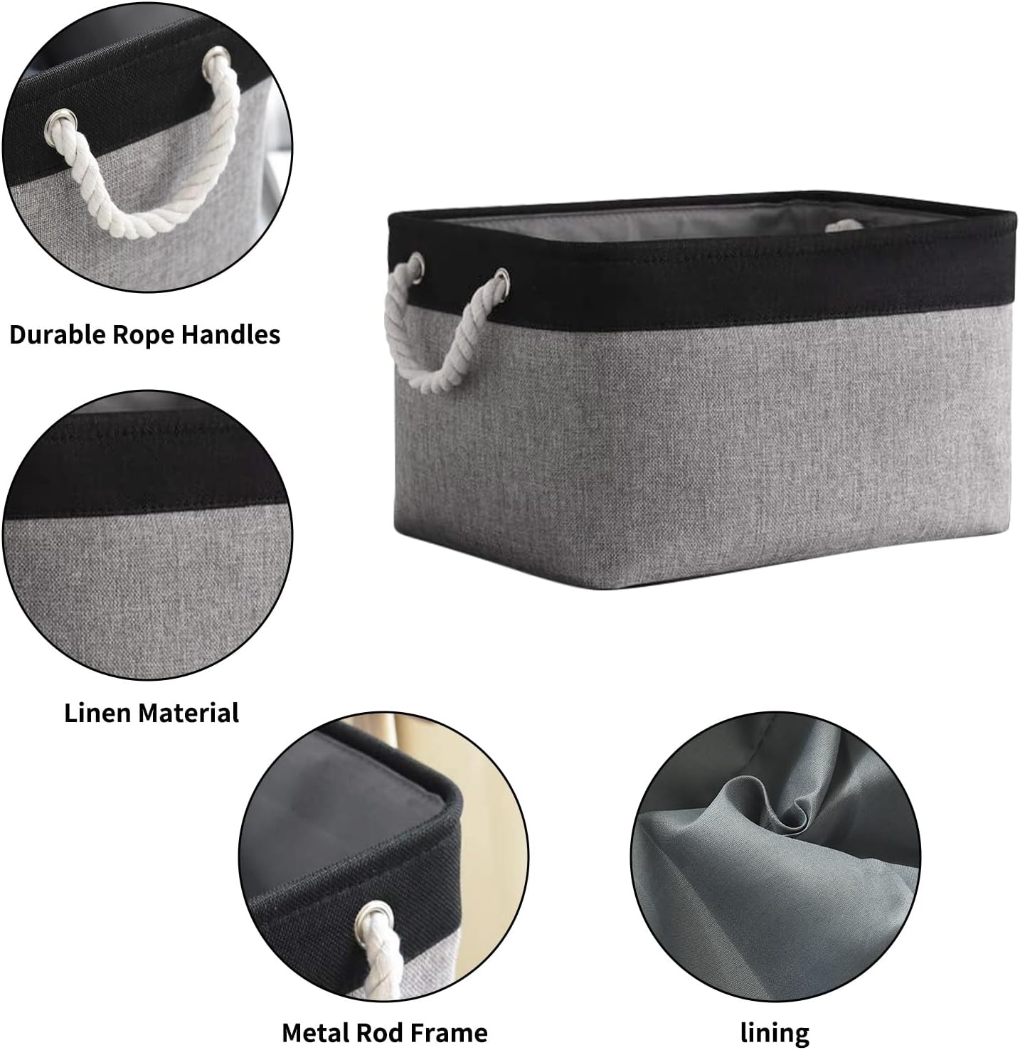 TheWarmHome Storage Basket - 16x12x8 Inch Fabric Organizer Bins for Shelves | Grey & Black
