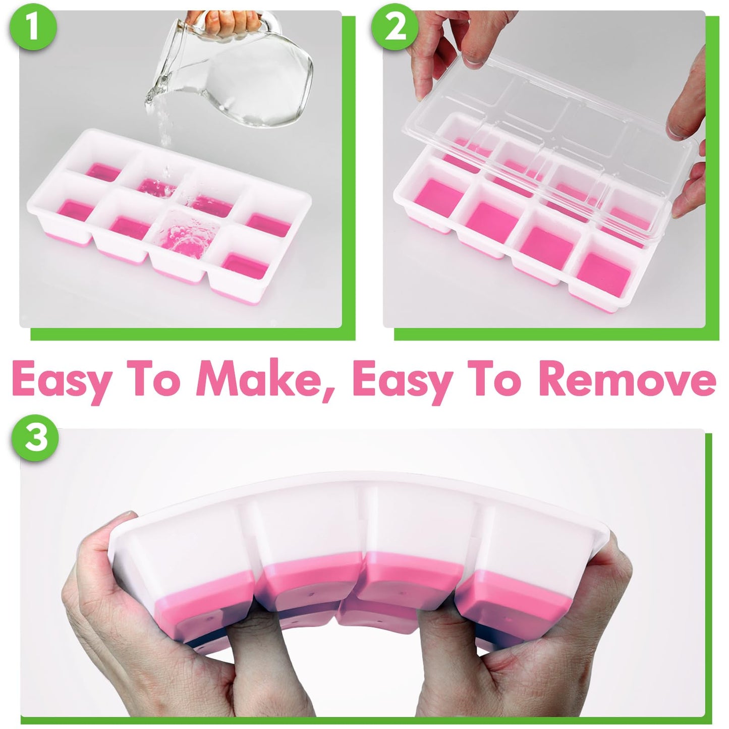 Large Ice Cube Tray with Lid and Bin, Jrisbo Silicone Big Square Ice Cube Molds for Freezer, 3 Pack Stackable Huge Cubed Ice Trays with Ice Tong, Ice Scoop for Whiskey Cocktails Soups Frozen Treats