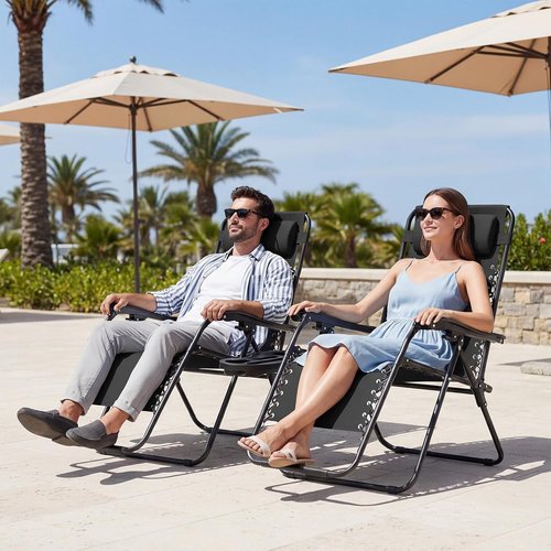 JEAREY Zero Gravity Lounge Chairs - Adjustable Steel Mesh Recliners with Pillows & Cup Holders | Set of 2, Black