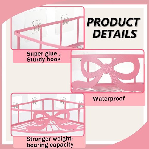 Coquette Corner Shower Caddy - No Drilling Pink Bow Shelves with 5 Adhesive Hooks | 2 Pack for Bathroom & Kitchen Decor