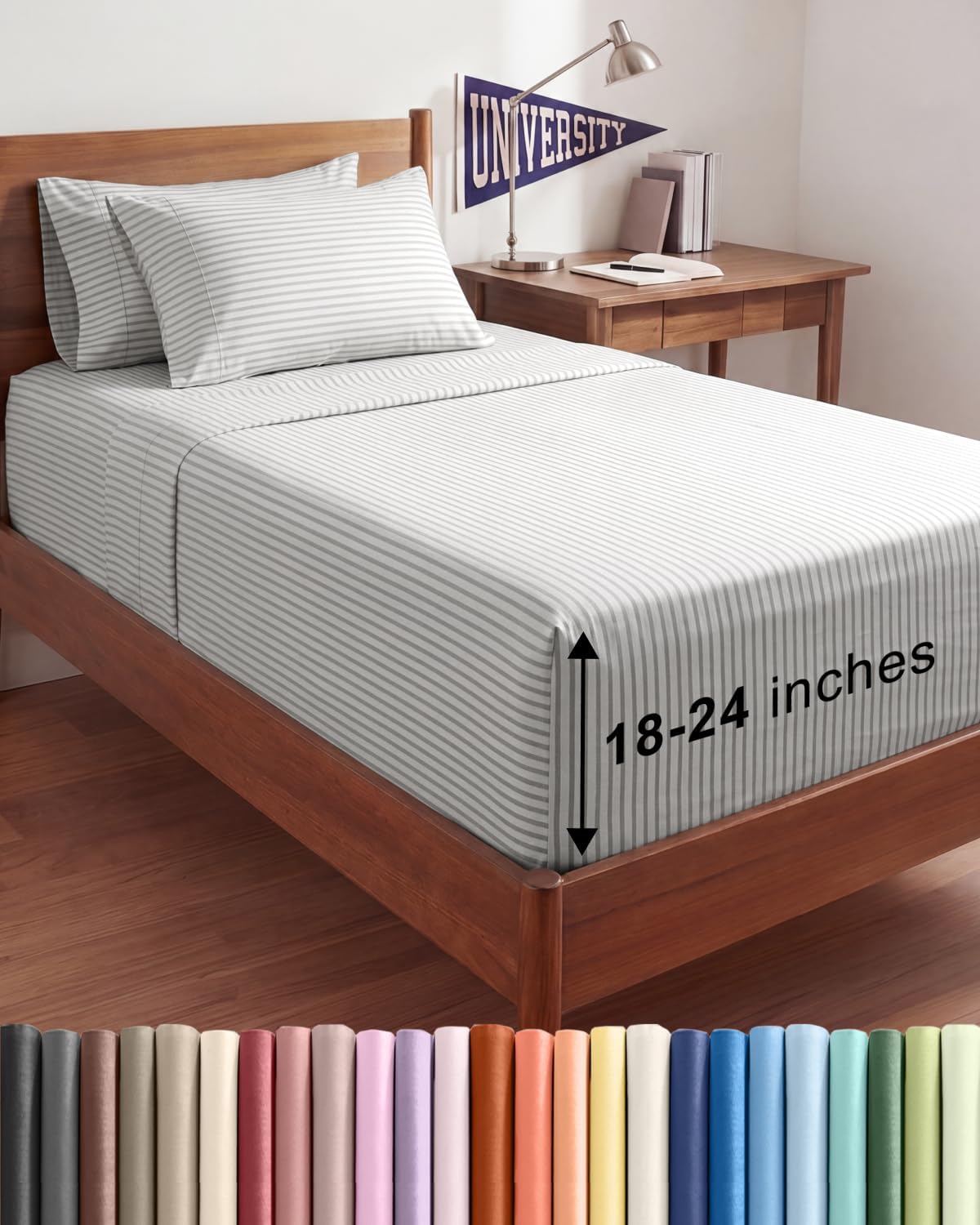Skiennix Extra Deep Twin XL Sheet Set - 4-Piece Breathable Cooling Bedding - Soft, Wrinkle-Free Grey Stripes