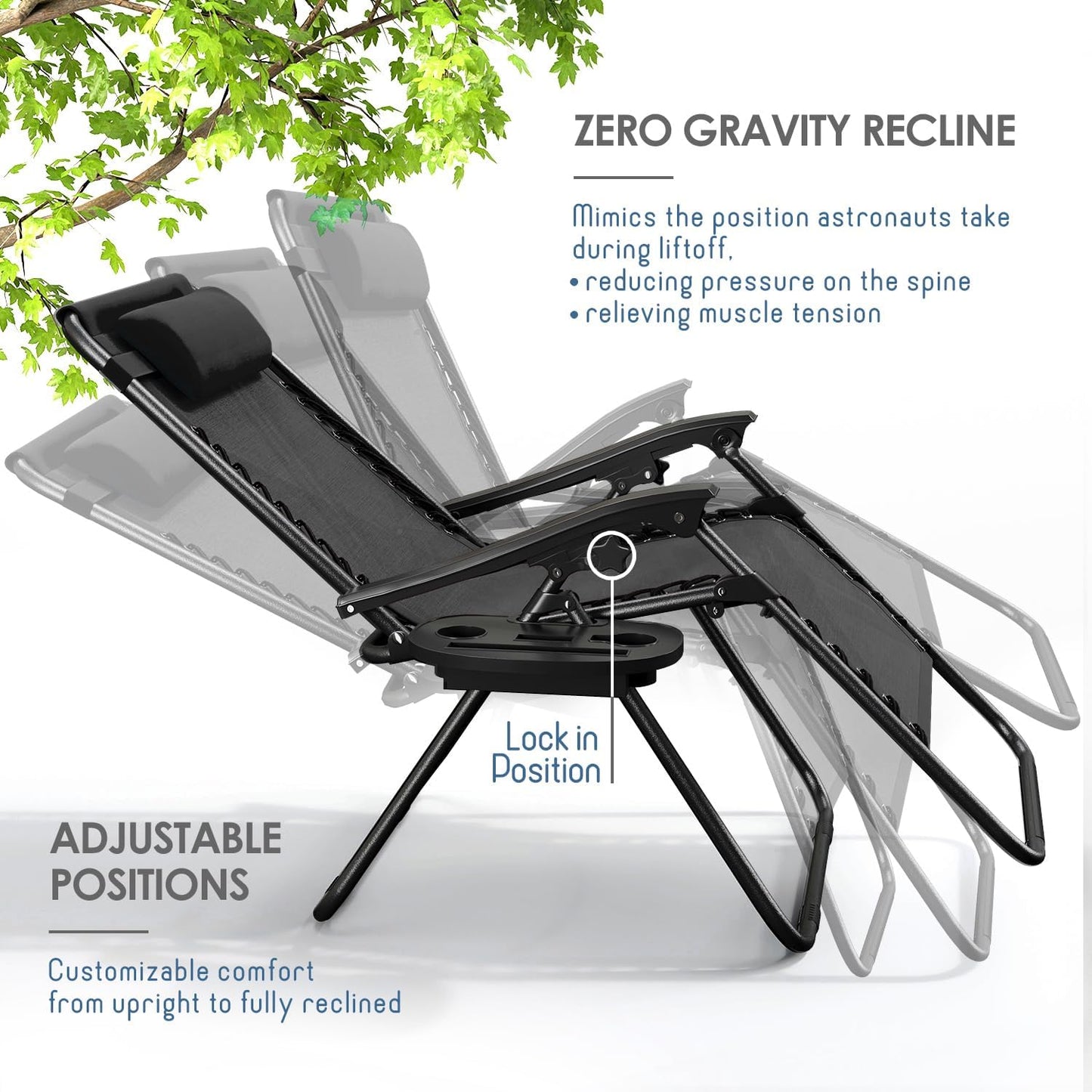 Nestl Zero Gravity Chairs - Set of 2 Adjustable Outdoor Lounge Chairs with Pillows & Cup Holder - Black