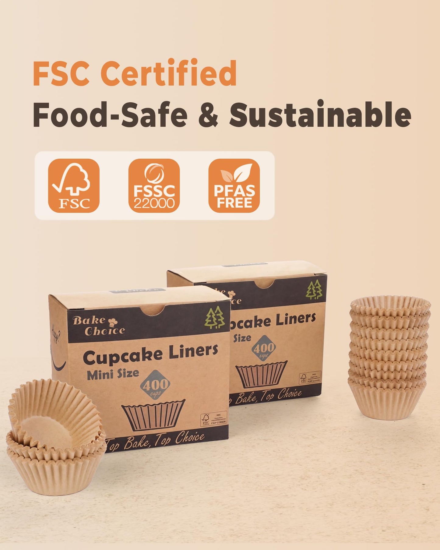 Bake Choice Non-Stick 400pcs Mini Cupcake Liners for Baking, Natural parchment muffin liners for Mini Muffin Pan, Cupcake Pan, Food Grade, Non Stick, Greaseproof