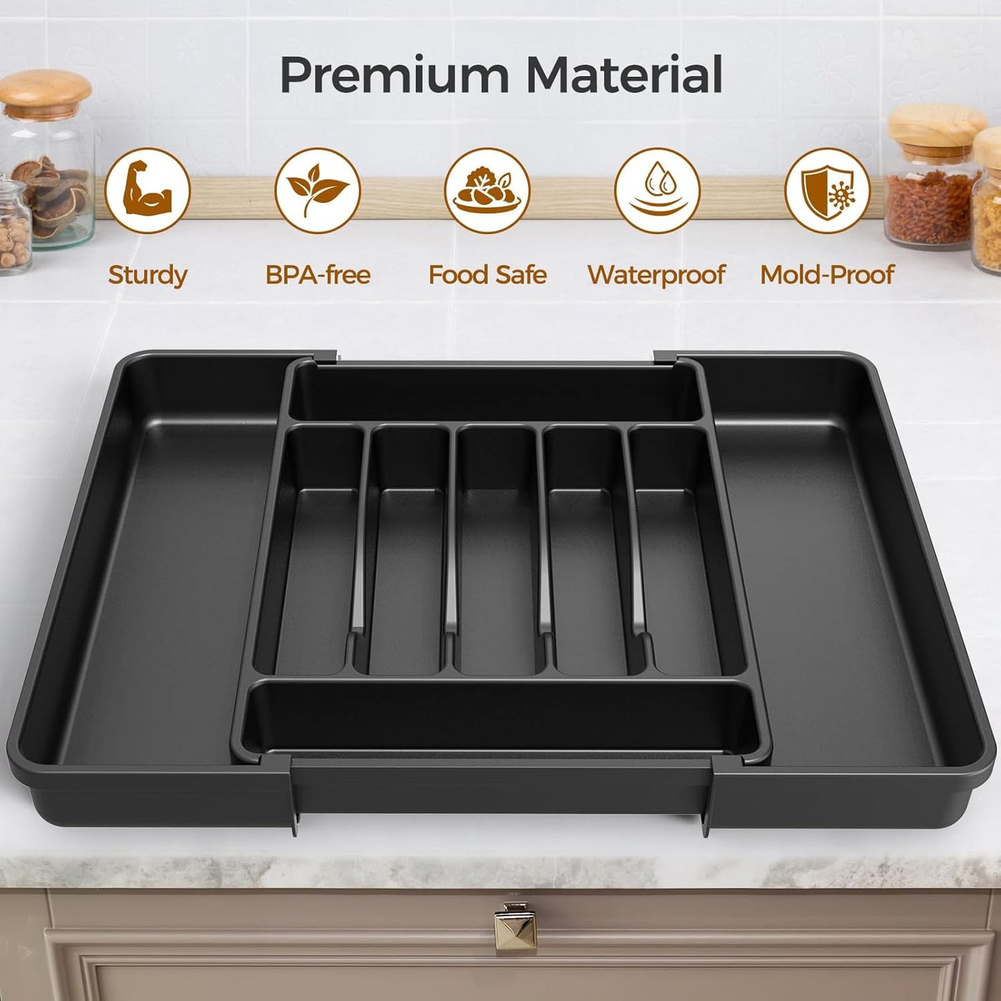 Ukeetap Extra Large Expandable Silverware Organizer - BPA-Free Kitchen Utensil Drawer Holder | Adjustable Black Design