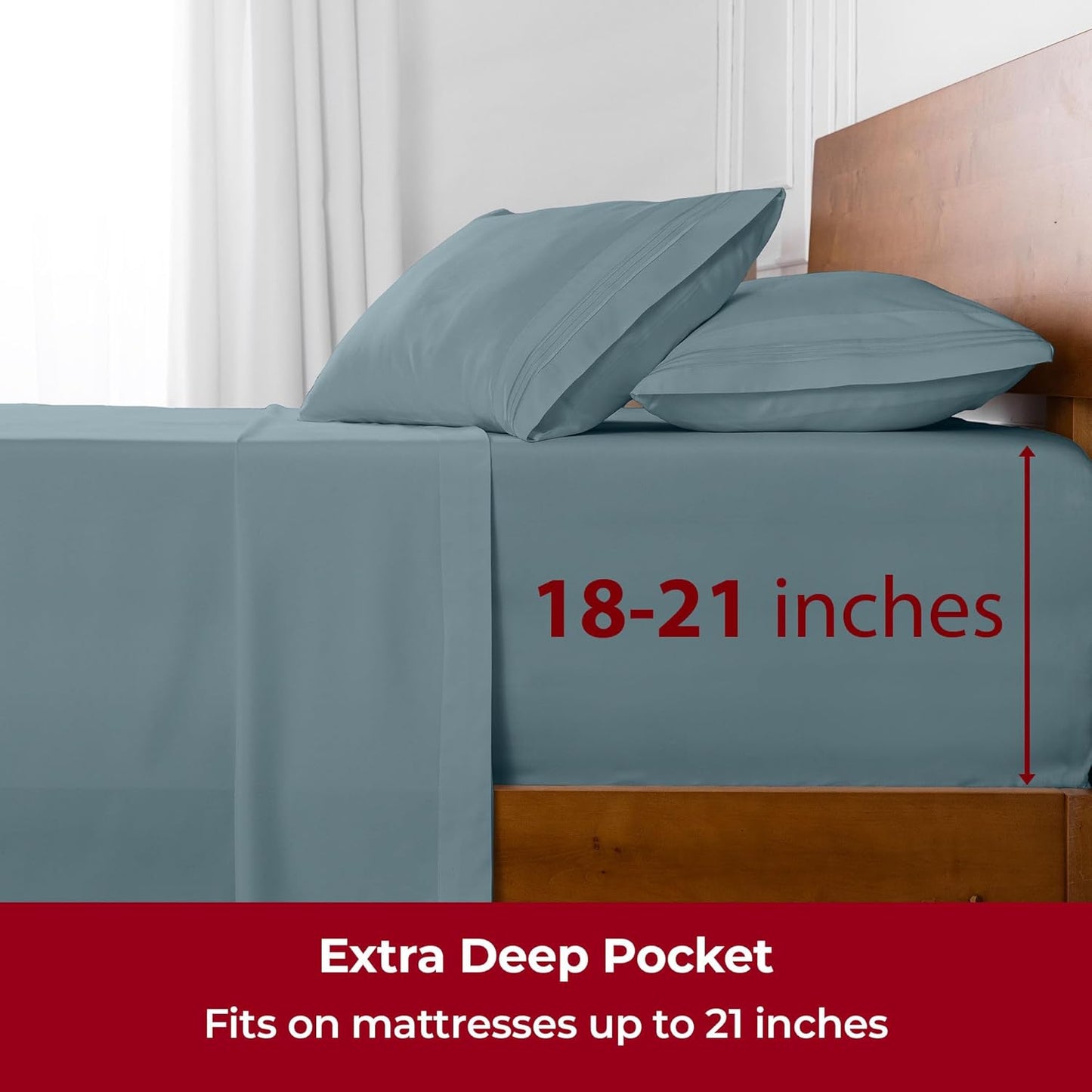 Mellanni Extra Deep Split King Sheets - 5 PC Hotel Luxury Bedding Set | Ultra Soft, Cooling, Spa Blue