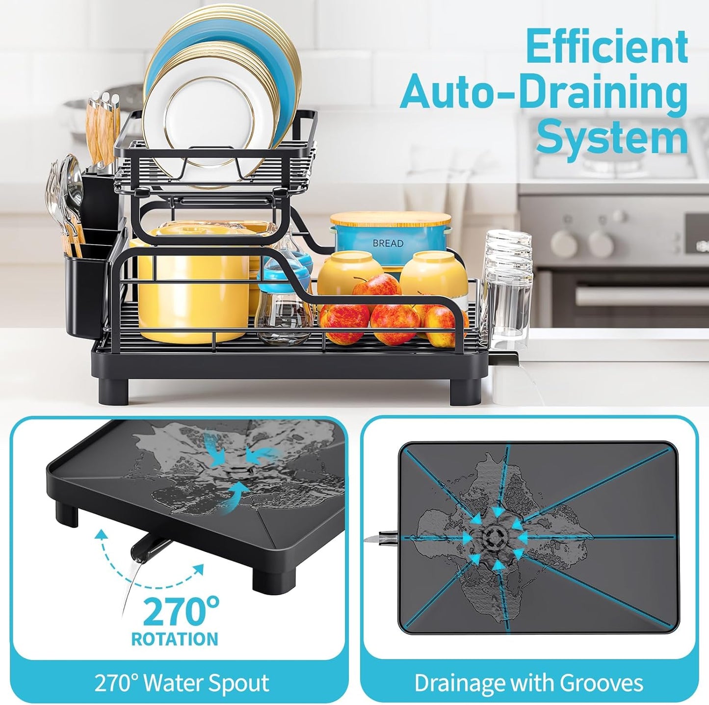 TOOLF Dish Drying Rack - 2-Tier Stainless Steel Kitchen Rack with Large Drainboard & Utensil Holders | Black