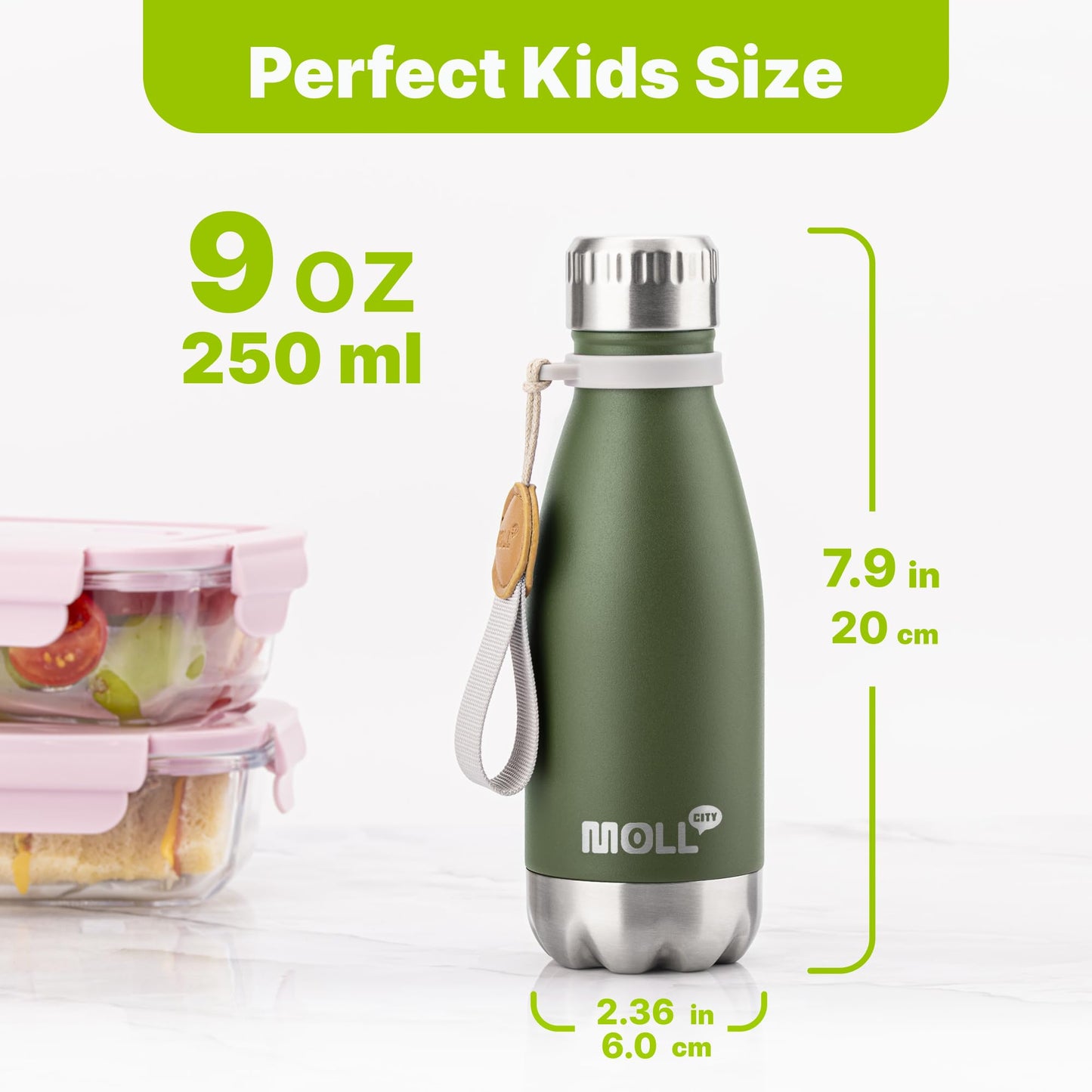 Mollcity Kids Water Bottle-9 oz Stainless Steel Vacuum Insulated Waters Bottle for Kids for School, Leak Proof Cola Shape Travel Small Water Bottle for Boys (Grass Green-Navy)