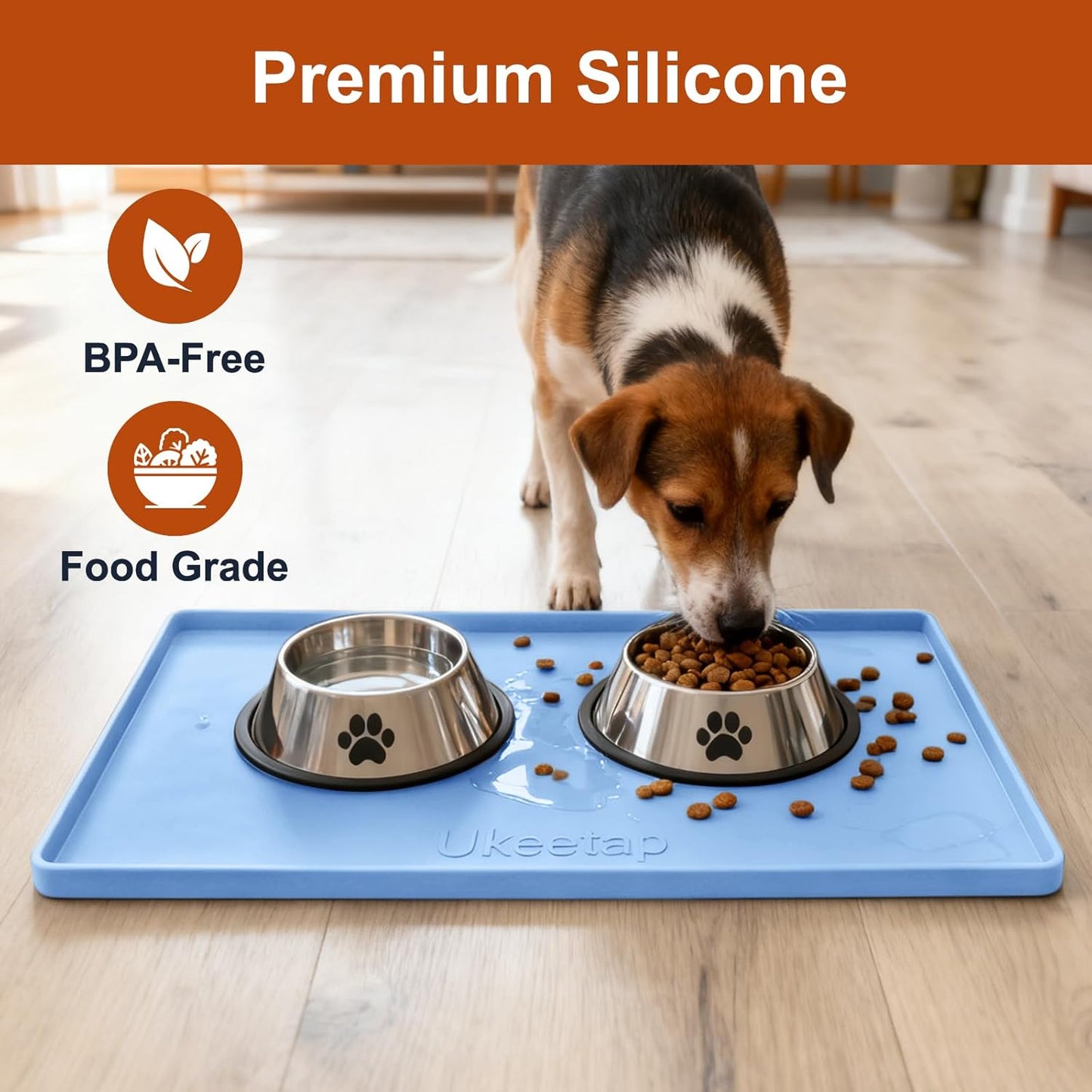 Ukeetap Extra Thick Silicone Dog & Cat Food Mat - Waterproof, Non-Slip, 19” x 12”, Blue