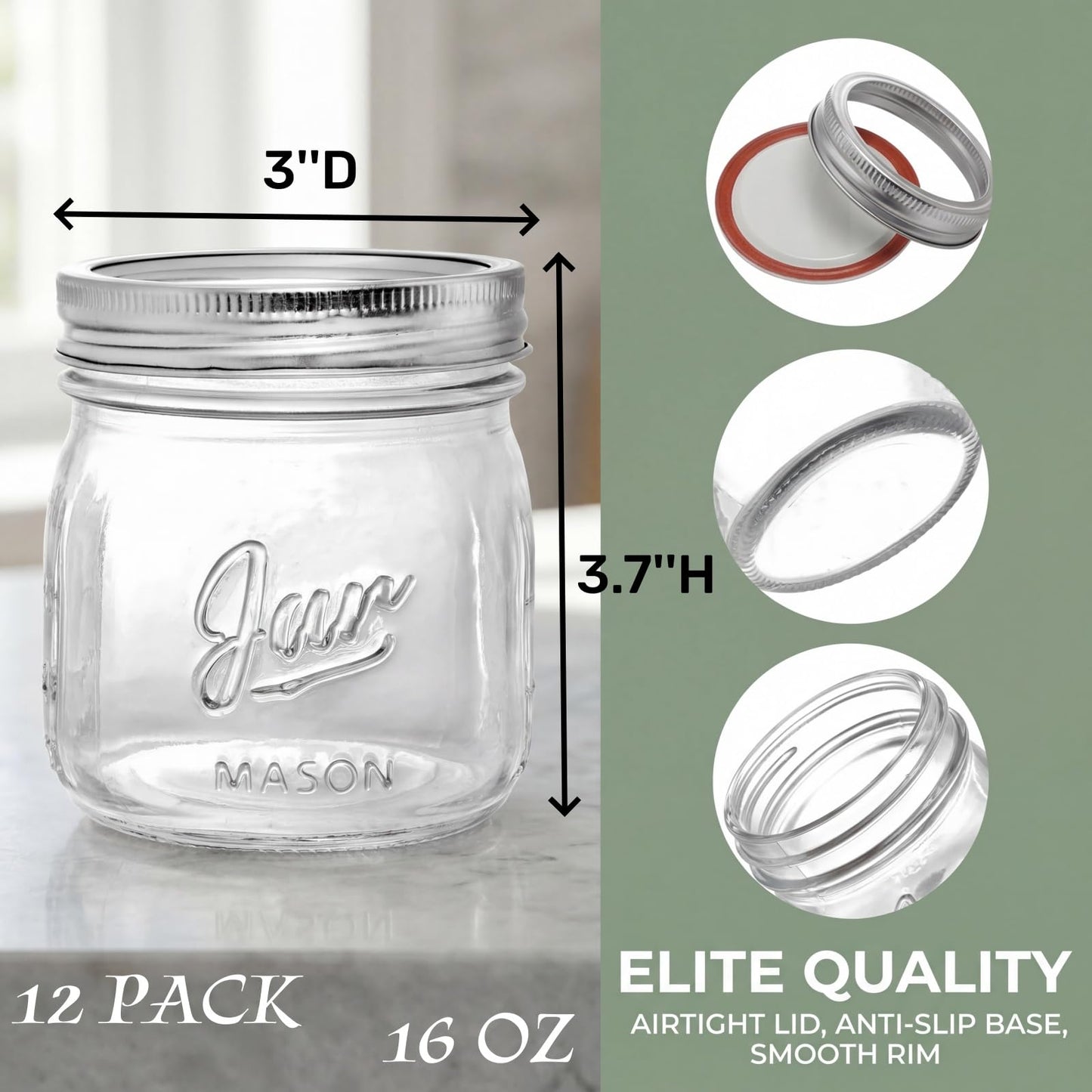 Lyellfe 12 Pack Wide Mouth Mason Jars, 16 Oz Short Glass Canning Jar with Airtight Lids, Food Safe Jam Spice Jar for Honey, Jelly, Wedding Favors, DIY Project, Dishwasher Safe