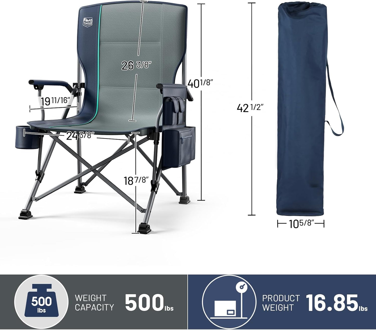 Timber Ridge Oversized Folding Camping Chair - Heavy Duty High Back Support Up to 500lbs | Includes Cup Holder & Cooler Bag