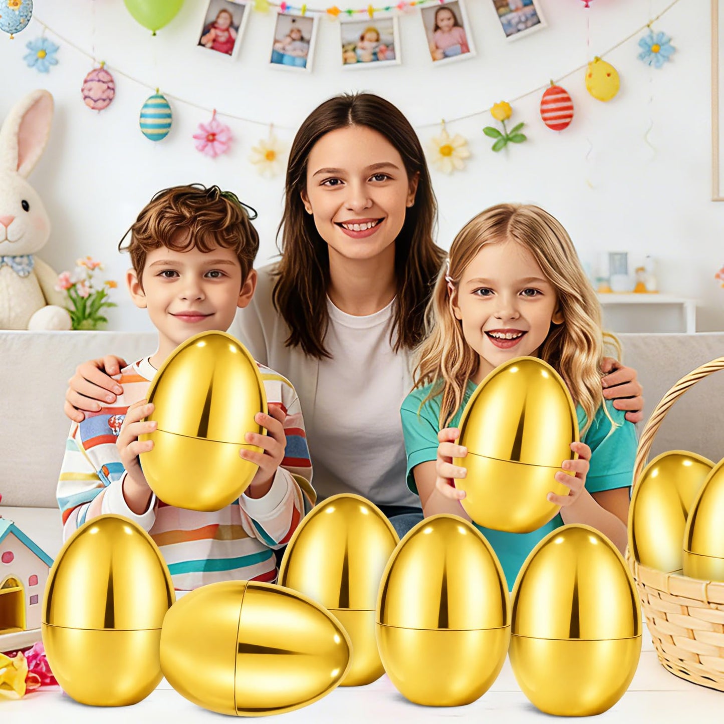 PIONJOY 12 PCS 6" Jumbo Golden Plastic Easter Eggs Fillable , Giant Empty Easter Eggs Fillable Bright Gold Metallic Egg for Kids Boys Girls Classroom Prizes Easter Basket Stuffers Party Favors