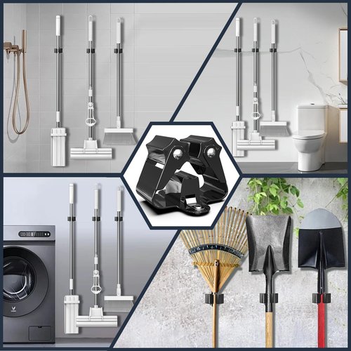 3-H Stainless Steel Broom Holder - Heavy Duty Wall Mount Mop Organizer for Kitchen, Laundry, Garage, Bathroom | 6 Pack