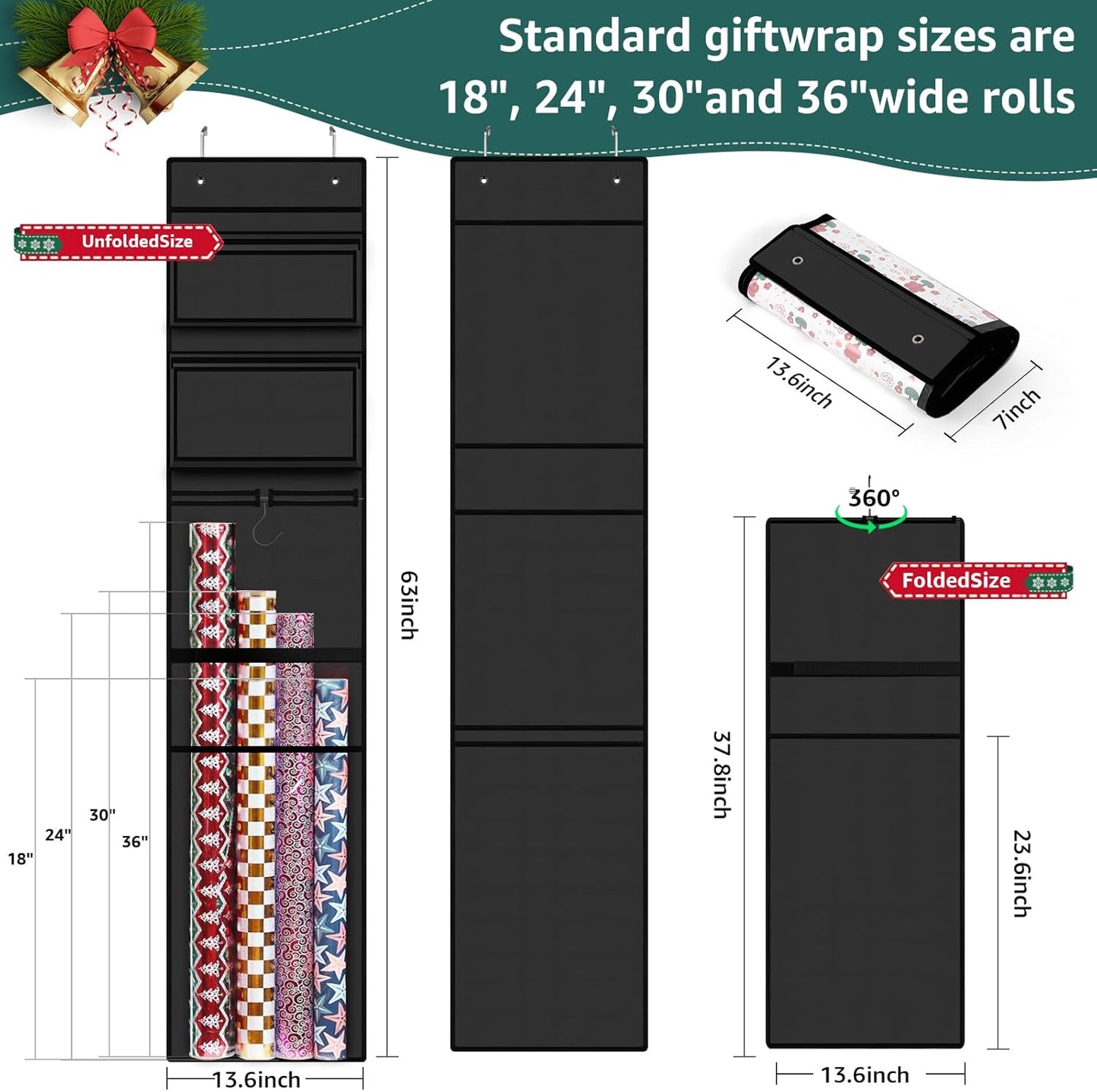 Woodoulogy Wrapping Paper Organizer - Double-Sided Gift Wrap Roll Holder | 63"x13" Over Door Storage - Black