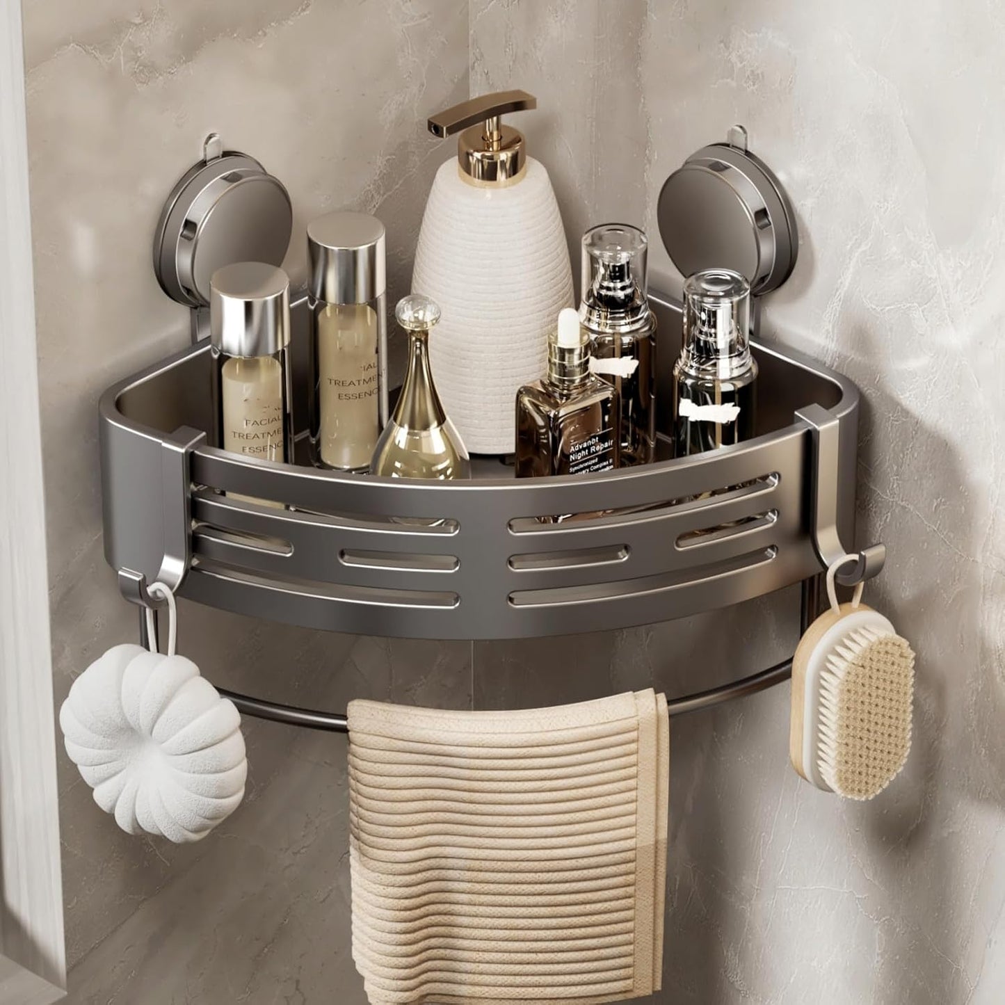 VOLPONE Shower Caddy - No Drill Corner Suction Cup Organizer | Gray Adhesive Shelf (1-Pack)