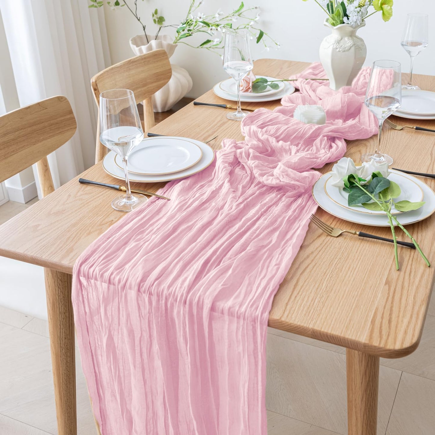 Xiomot 2PCS Table Runner Cheesecloth 10FT Blushing Pink Boho Gauze Cheese Cloth Rustic Sheer Table Runners for Summer Wedding Bridal Baby Shower Party Decoration