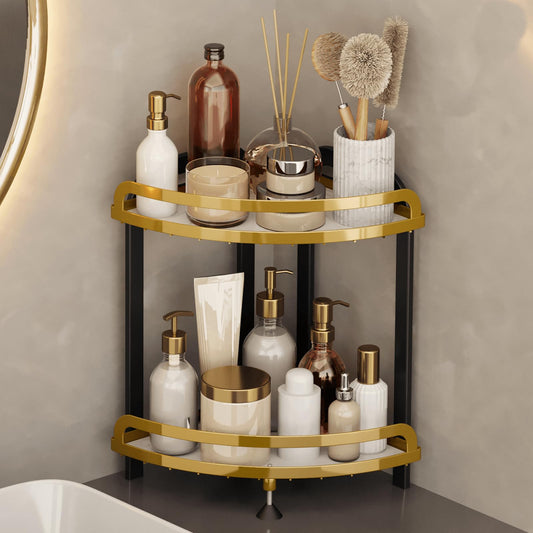 YIWANFW 2-Tier Corner Bathroom Organizer Countertop, Black Gold Bathroom Counter Organizers and Storage, Bathroom Corner Shelf Vanity Organizer, Corner Skincare Organizers Bathroom Sink Organizer
