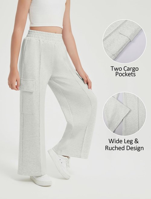 EXARUS Girls Cargo Sweatpants Multi 3 Pack Set Front Seam Wide Leg Baggy Fit Elastic Waistband Pleated Teen Casual Sweat Pants Middle Rise Pleat with Pockets 12Y