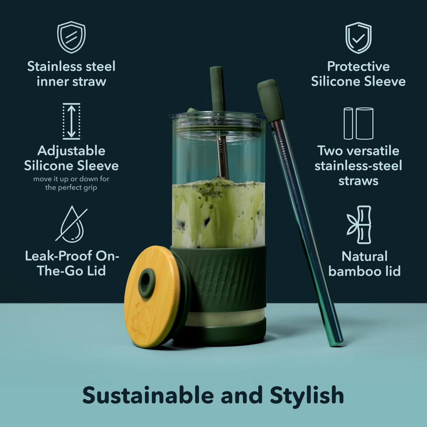 Pandaloo® Glass Cups With Lids and Straws -20 Fl Oz- Perfect Size Iced Coffee Cup - Smoothie Cup With Bamboo Lid and On the go Lid - Glass Tumbler (2 Count (Pack of 1), Lilac-Pink)