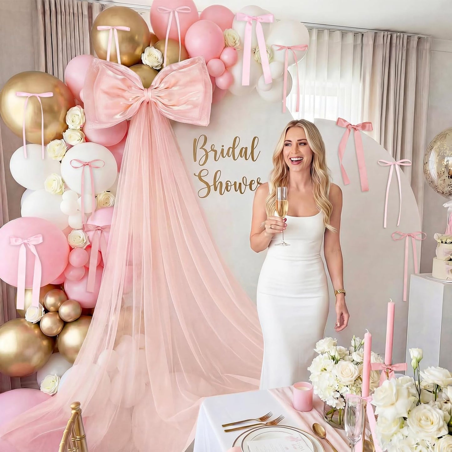 Skiennix 13Pcs Large Pink Pearl Silk Satin Bow Set - 17x55 Inch Giant Bow with 12 Small Satin Bows for DIY Wedding & Baby Shower Decor