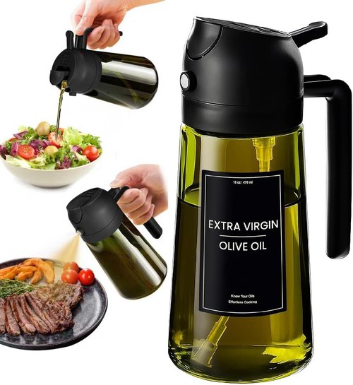 Glass Olive Oil Sprayer by [Brand Name] - 2-in-1 Dispenser for Cooking, Air Fryer, BBQ | 16oz Black