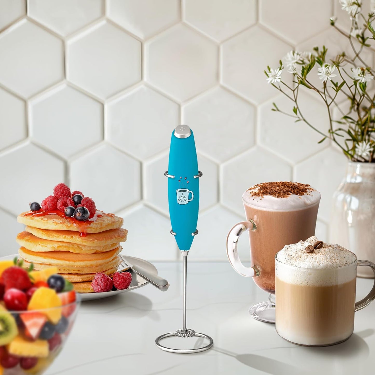 Zulay Kitchen Milk Frother Wand - Ultra-Fast Electric Whisk for Coffee, Lattes & Cappuccino - Love Coffee Blue