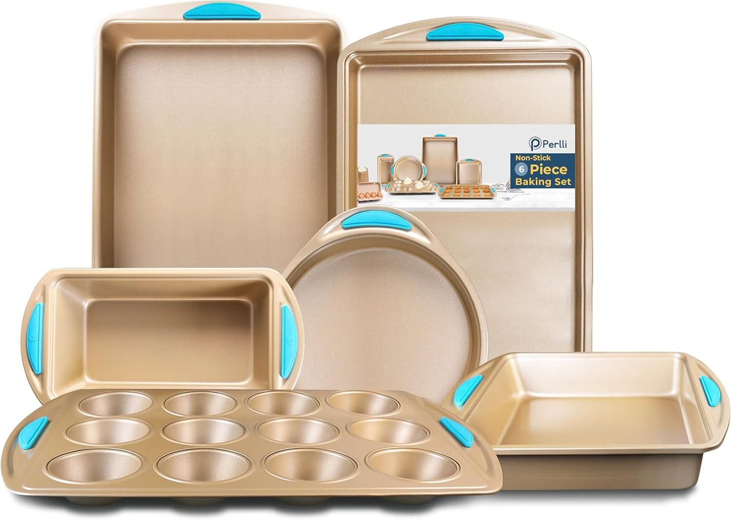 Perlli Baking Kit - Nonstick Gold Steel Oven Set with 6 Essential Bakeware Pieces | Round Cake Pan, Loaf Pan, Muffin Pan & More
