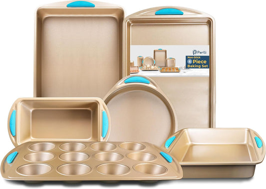 Perlli Baking Kit - Nonstick Gold Steel Oven Set with Silicone Handles | 6-Piece Bakeware Collection